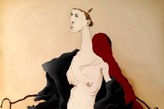 An painting of a nude woman sitting.
