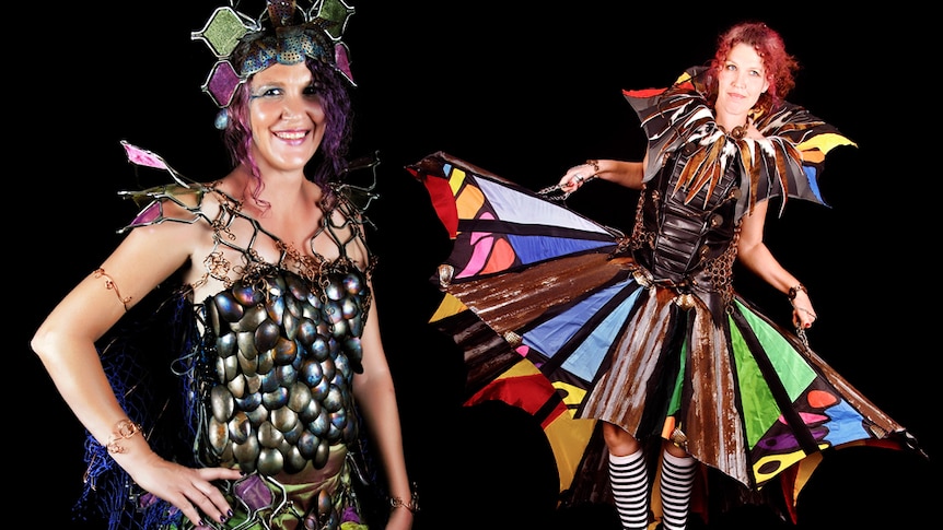 Jules McCrae in her two recycled dresses made from kites, an umbrella, spoons and mesh.