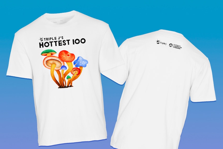 A front-and-back image of triple j's Hottest 100 & Australian Conservation Foundation t-shirt, with mushroom illustration an