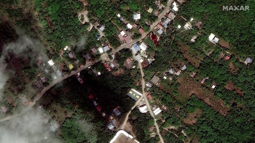 A satellite image of homes and buildings before Hurricane Iota on Northern Providencia Island.