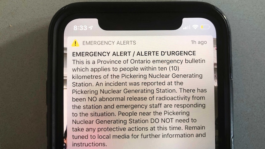 a screenshot of an emergency mobile phone alert sent out warning of a an incident at Pickering Nuclear Generating Station