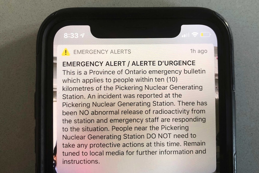 a screenshot of an emergency mobile phone alert sent out warning of a an incident at Pickering Nuclear Generating Station