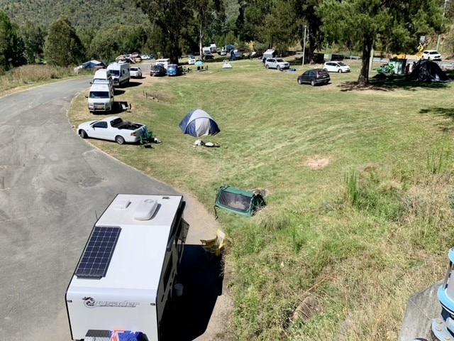 Various tents at swags set up along a strip of grass.