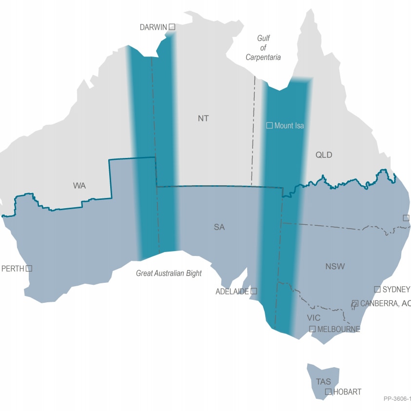 A map of Australia with two thick blue lines running through it from the north to the south of the mainland.