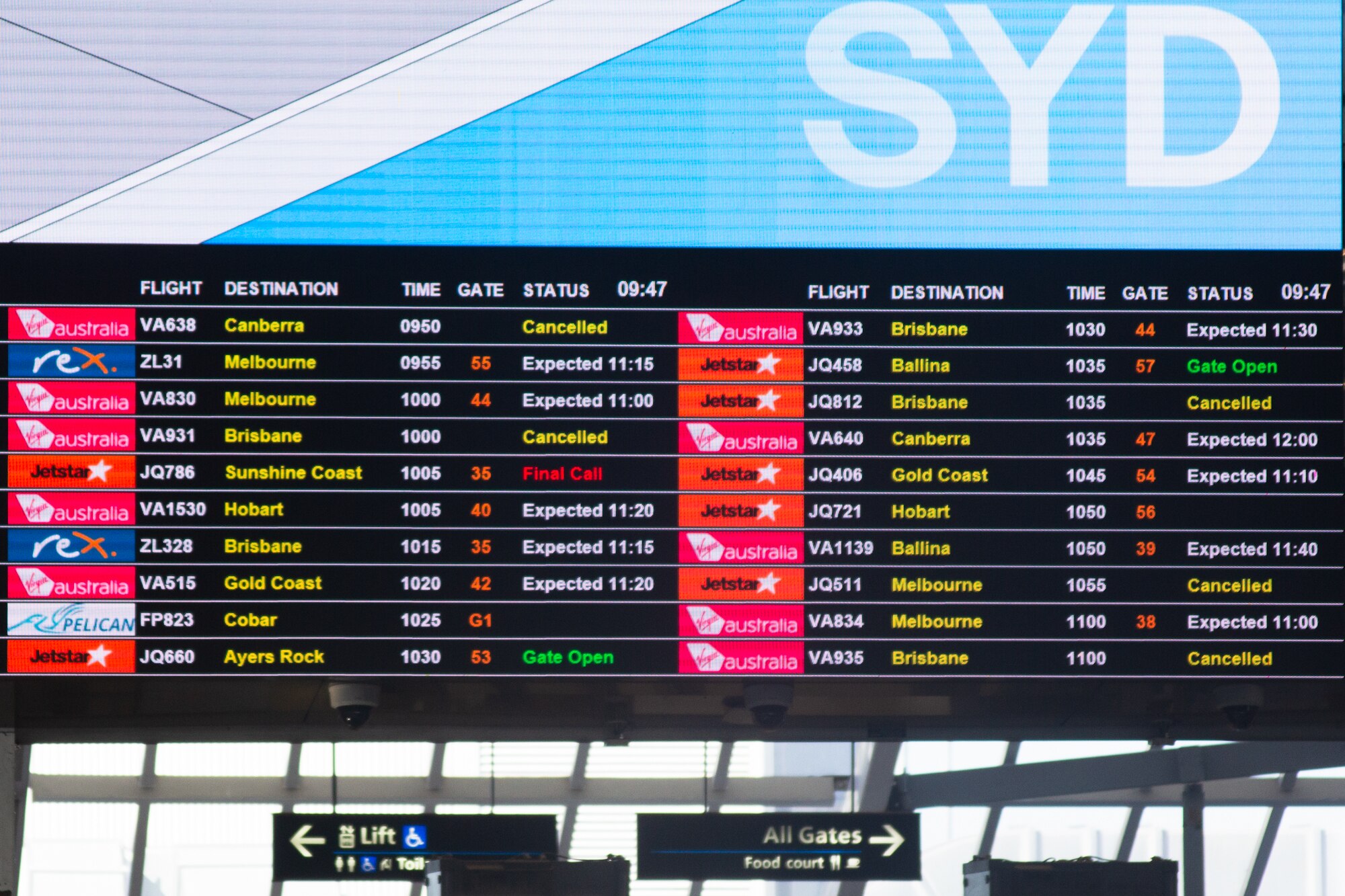 Sydney flight board with airline cancellations listed
