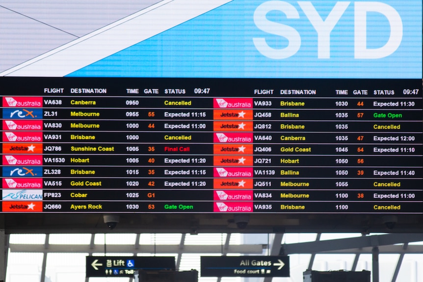 Sydney flight board with airline cancellations listed
