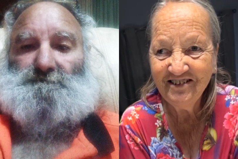 A split image showing an older man with a long beard and an older woman smiling warmly.