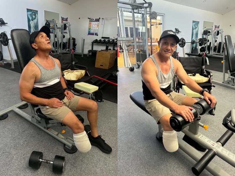 Two images of a man at the gym, on a machine, with one leg amputated and bandaged below the knee.