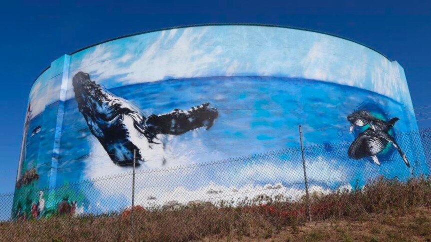 A large water tower painted with a picture of a whale