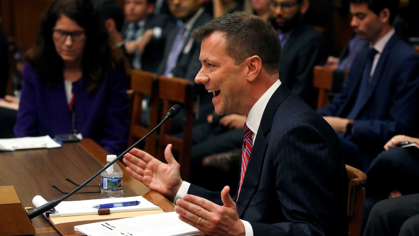 Peter Strzok gestures as he talks into a microphone in court.