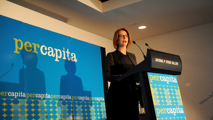 Prime Minister Julia Gillard speaking at the Per Capita forum in Canberra.