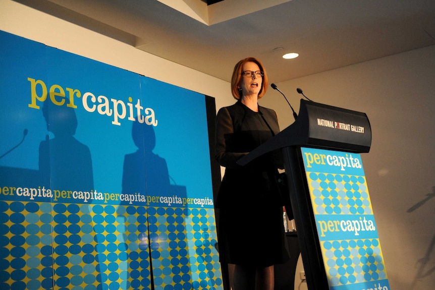 Prime Minister Julia Gillard speaking at the Per Capita forum in Canberra.