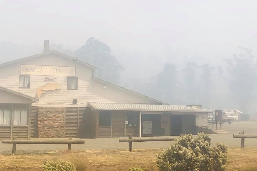 The Great Lake Hotel, shrouded in smoke.