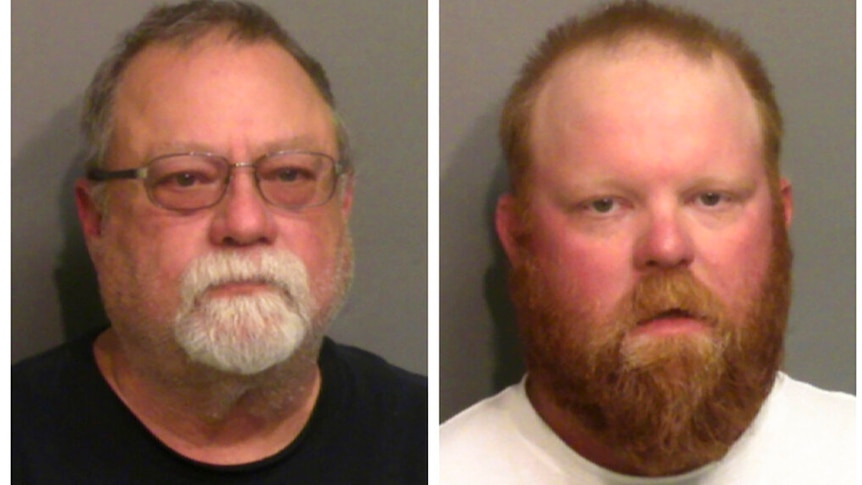 A side by side mugshot of Gregory McMichael, left, and his son Travis McMichael.