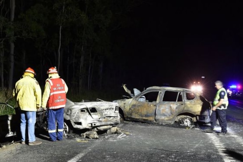 The scene of a double fatal car crash, with two car totally burnt out.