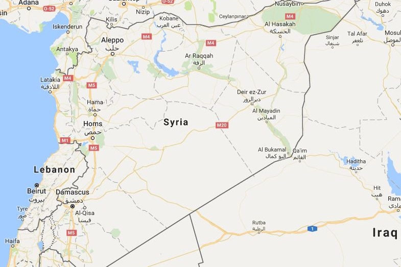 A map showing Syria and part of Lebanon and Iraq.