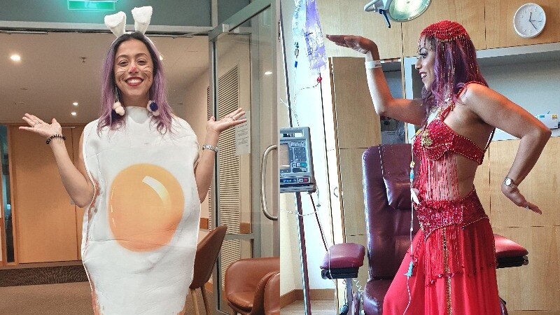 Photos of Dahlia Matkovic in an egg costume and dressed as cleopatra in a red dress