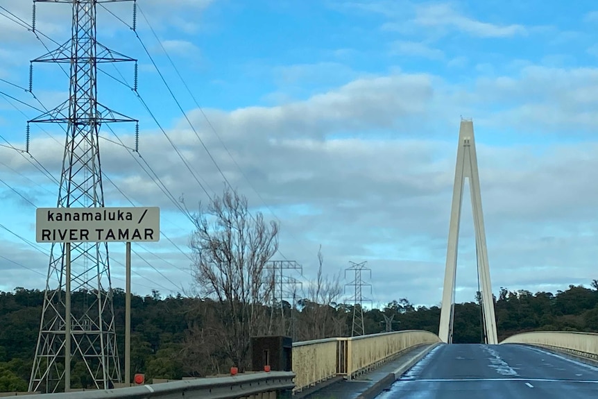 A sign over the Tamar River giving the Indigenous name of kanamaluka
