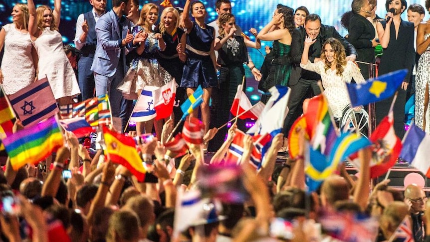 Fans celebrate Eurovision final in Vienna.
