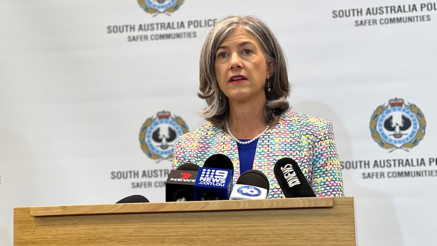 A woman with grey hair wearing a multi-coloured jacket at a dais in front of a banner with police logos on it