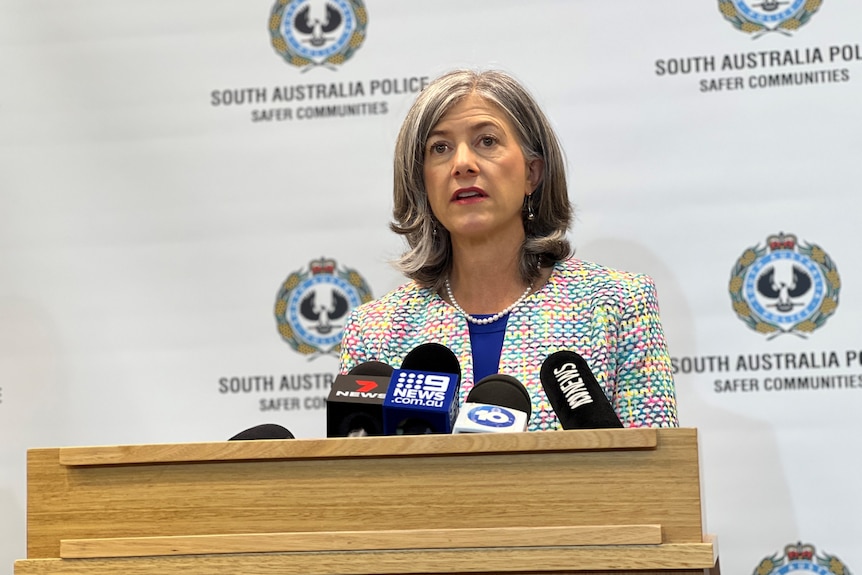 A woman with grey hair wearing a multi-coloured jacket at a dais in front of a banner with police logos on it