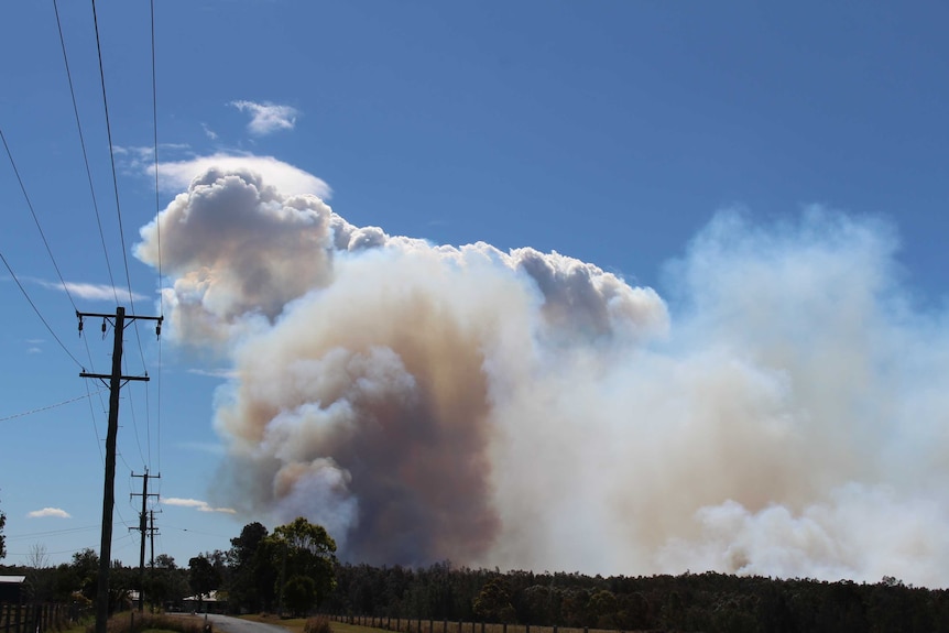 Plume of bushfire smoke near homes north-east of Kempsey, NSW - August 2017.