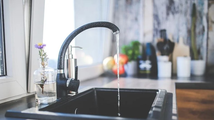 Grey kitchen sink and tap with running water, glass vase with flower sits on bench