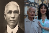 A black and white photograph of Kwong Sue Duk, next to a photograph of his two relatives outside the Stonehouses