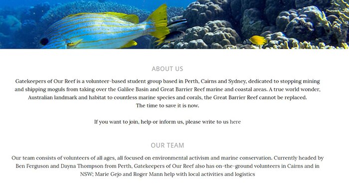 The "About Us" section of the Gatekeepers of the Reef website.