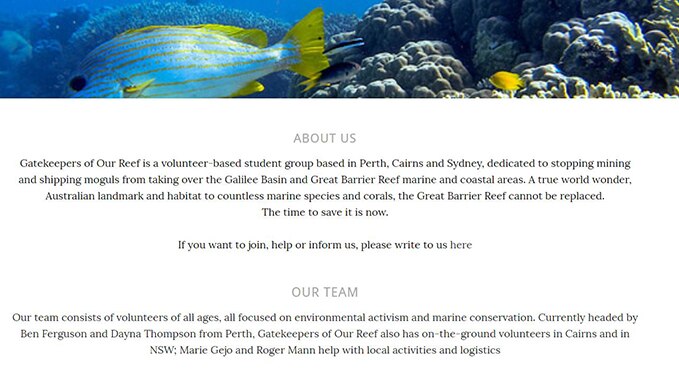 The "About Us" section of the Gatekeepers of the Reef website.