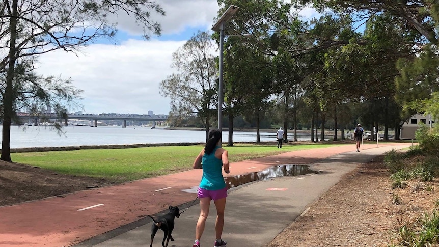 The back of a woman jogging next to Sydney Harbour.