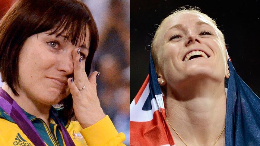 LtoR Anna Meares and Sally Pearson after winning gold.