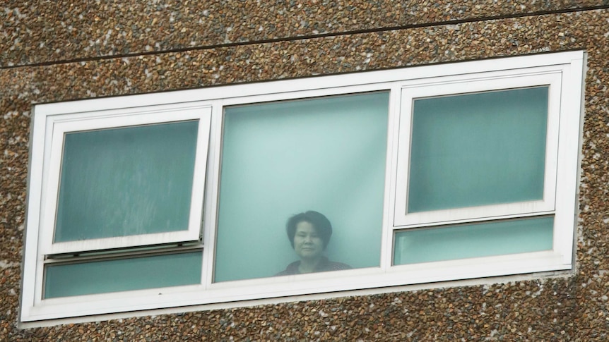 A woman looks out of a closed window in a tall brick building.