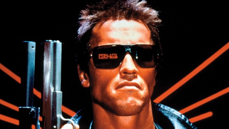 A photo of Arnold Schwarzenegger as T-800 from the The Terminator.