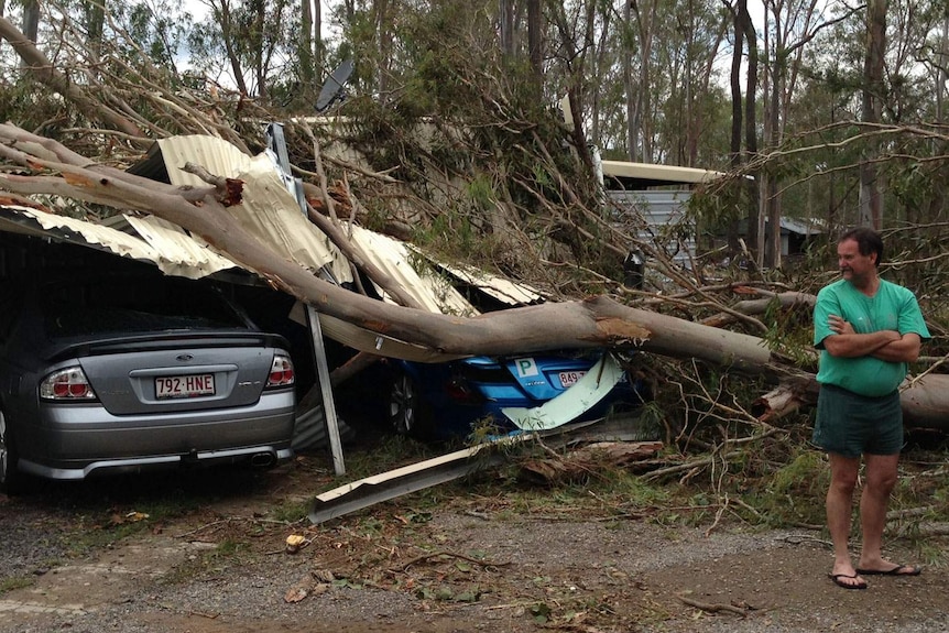 Jim Holman surveys storm damage at his property in Greenbank, south of Brisbane.