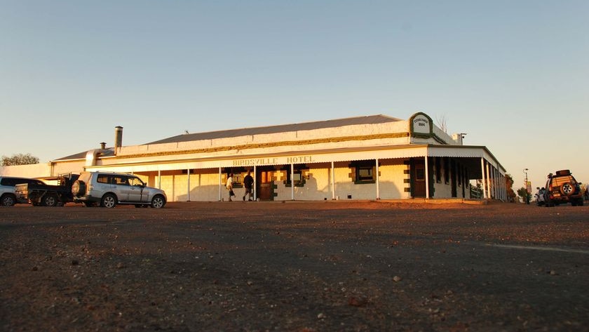 The sun sets on the Birdsville Hotel in the outback Queensland town of Birdsville.