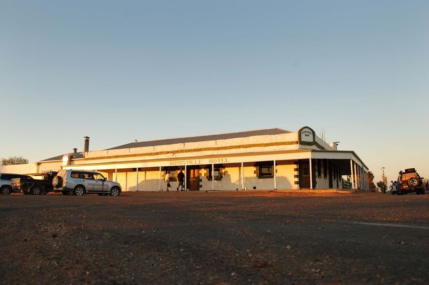 The sun sets on the Birdsville Hotel in the outback Queensland town of Birdsville.