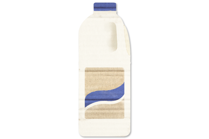 An illustration of a 2-litre milk bottle on a cardboard texture.