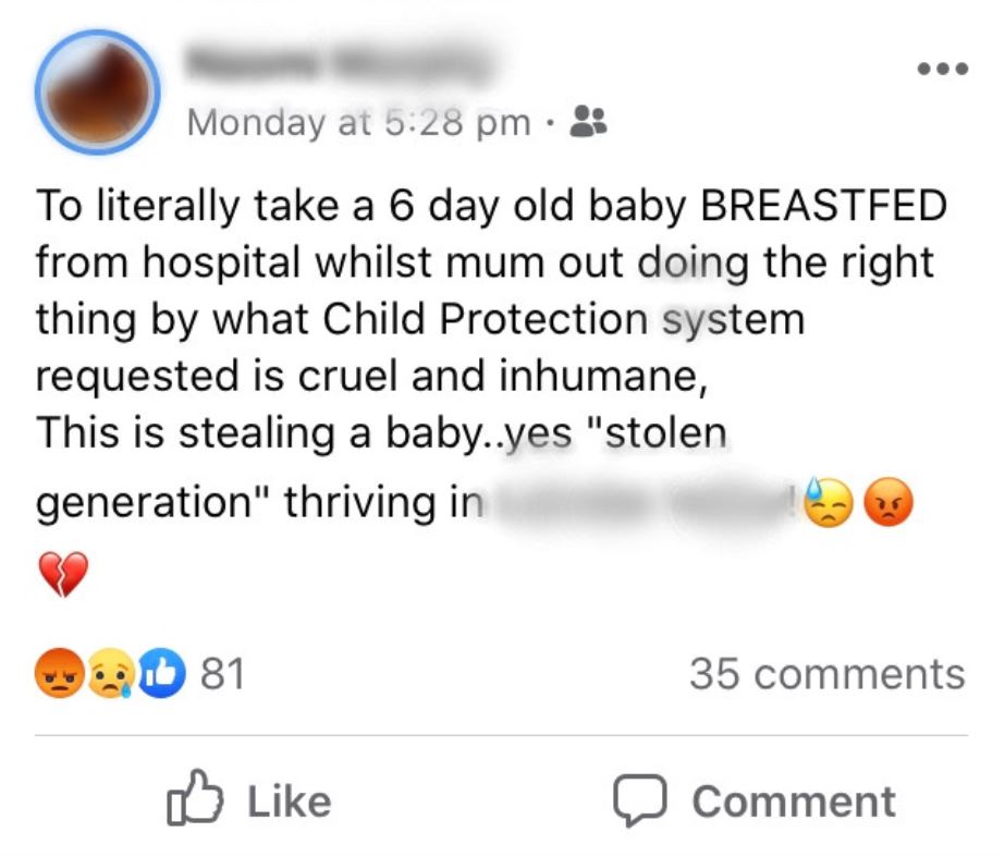 A Facebook post by an anonymous source complaining about a baby being taken from hospital