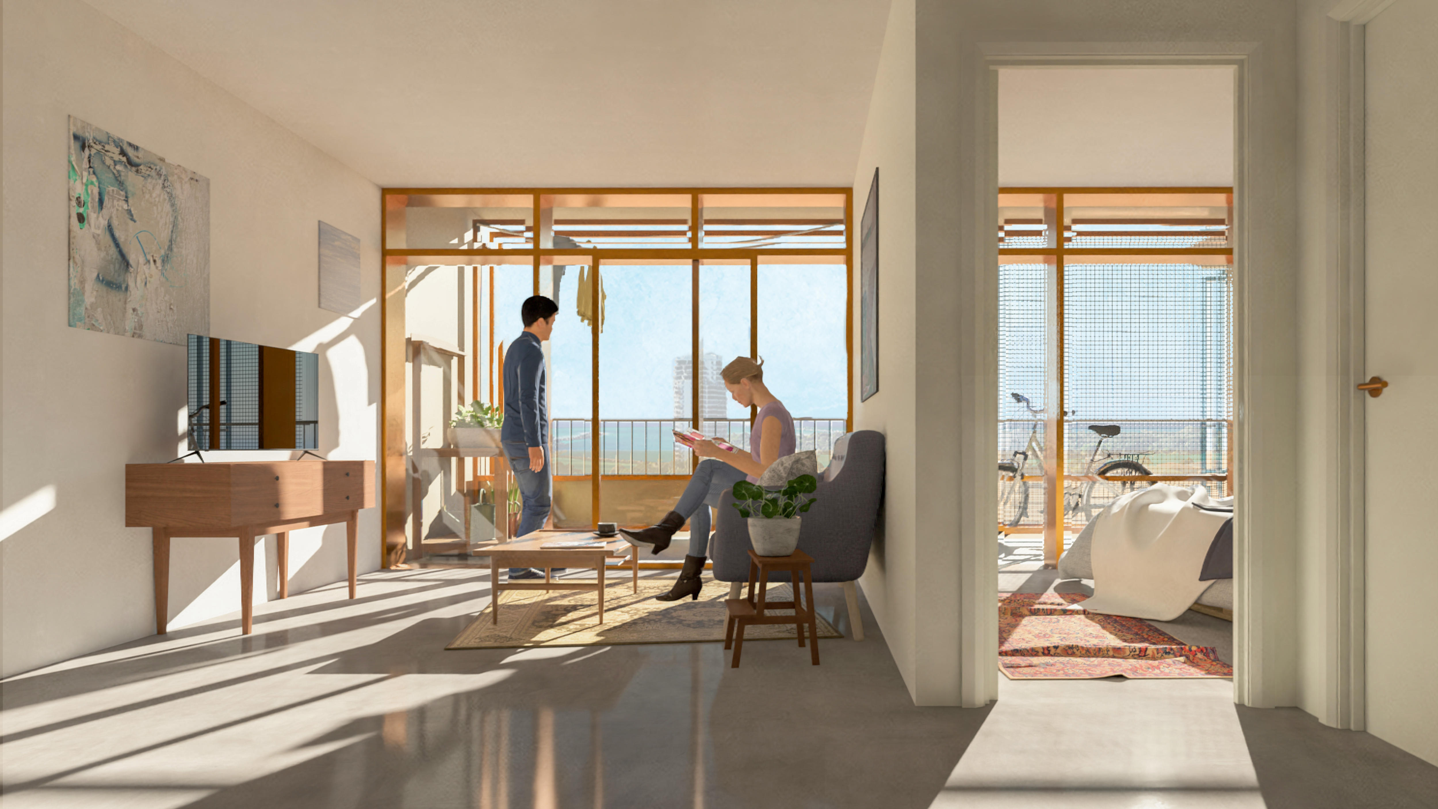 A render of an apartment interior shows a couple enjoying a modern home.