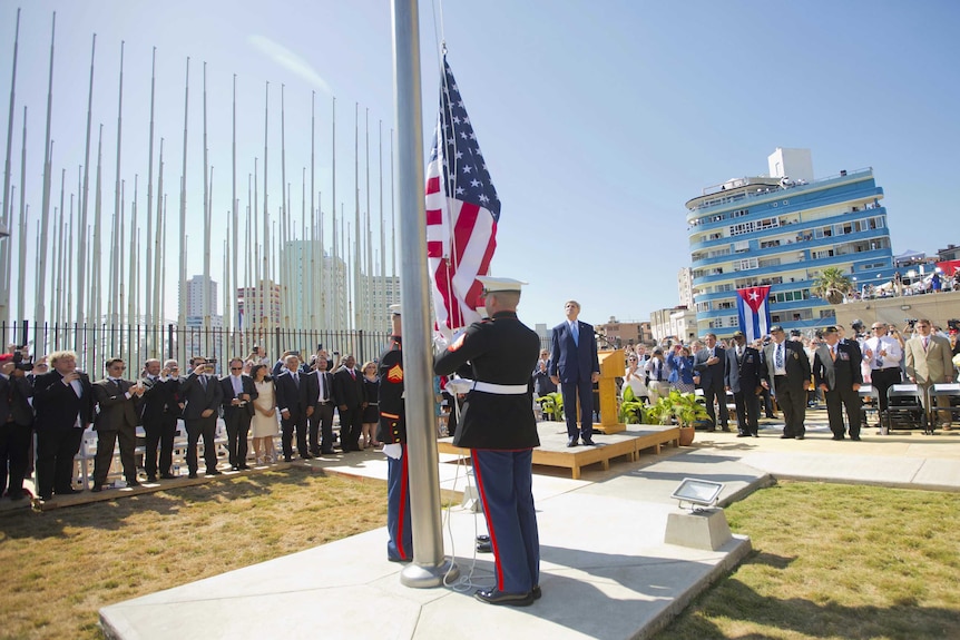 US Marines raise the US flag over the newly reopened embassy in Havana, Cuba