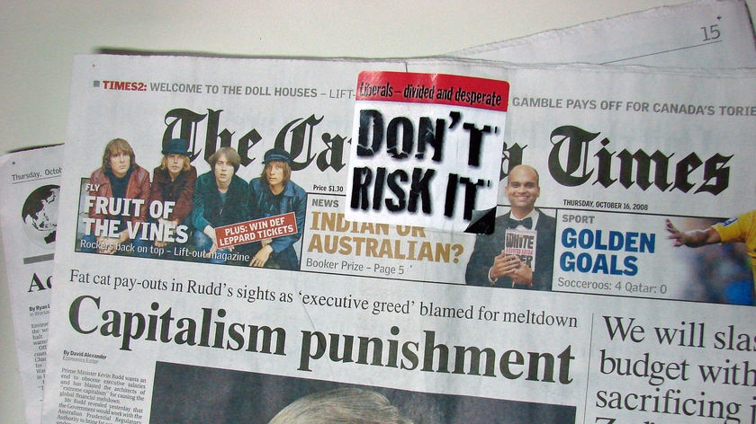 The ALP campaign sticker is plastered across The Canberra Times masthead.