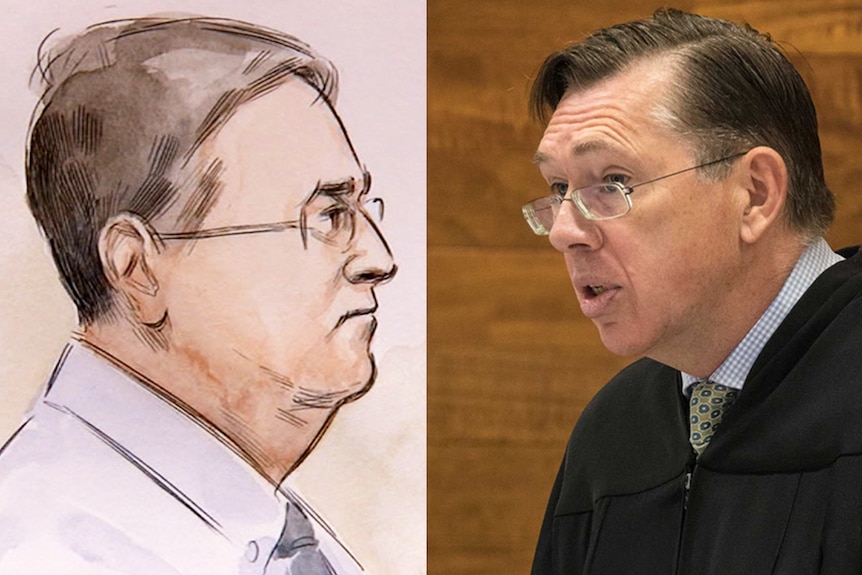 A court sketch headshot and photo headshot of two men.