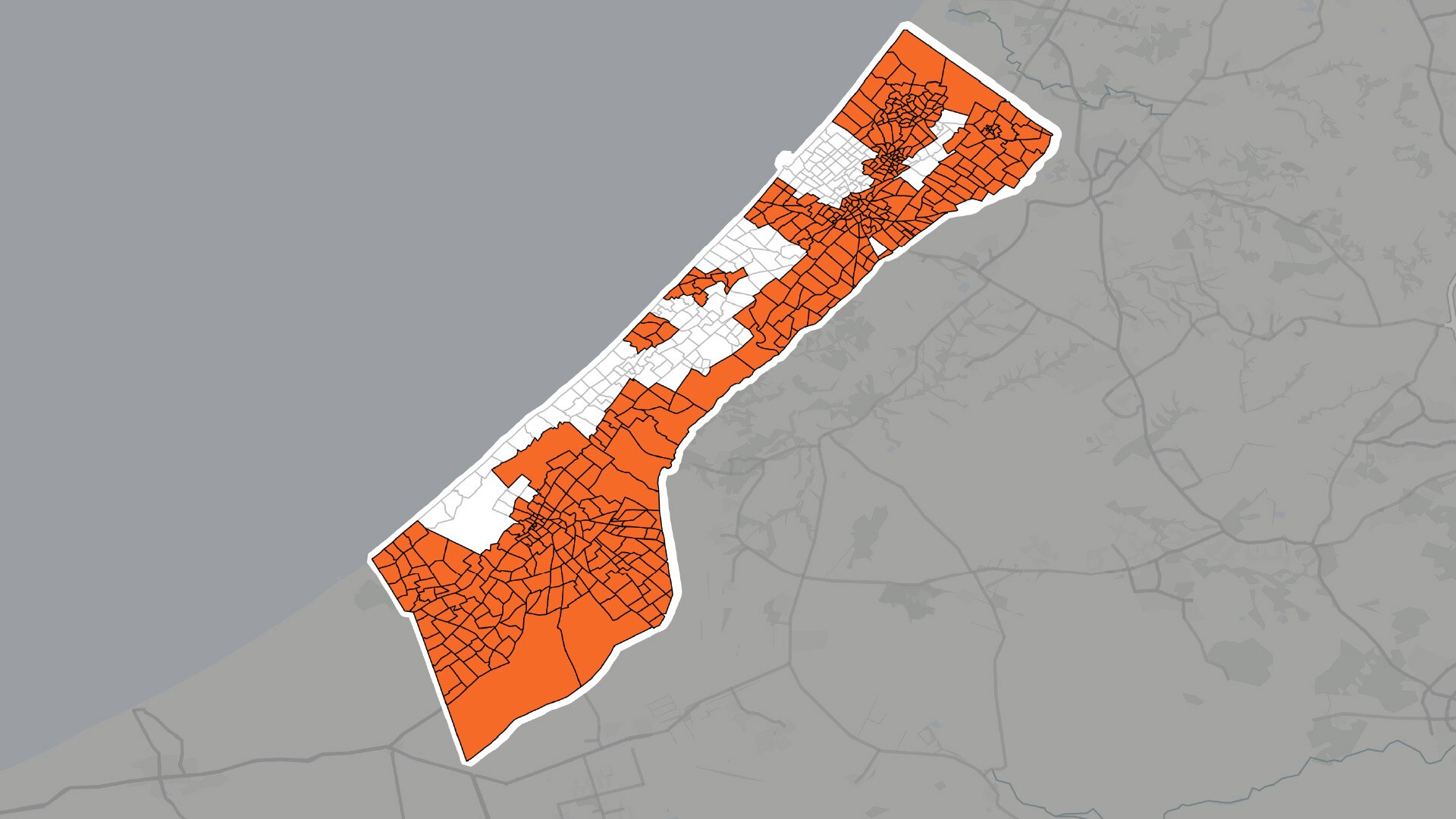 A map of the Gaza strip showing areas in orange that have been issued evacuation orders by the IDF since March.