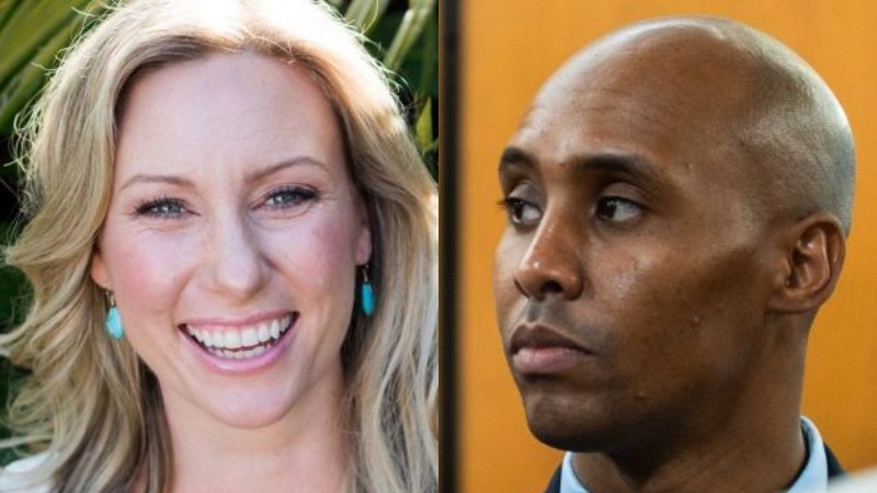 Mohamed Noor, right, wears a suit and tie and looks to the centre as Justine Damond Ruszczyk looks ahead, smiling in composite.