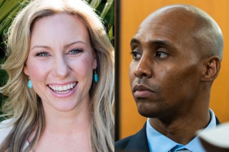 Mohamed Noor, right, wears a suit and tie and looks to the centre as Justine Damond Ruszczyk looks ahead, smiling in composite.