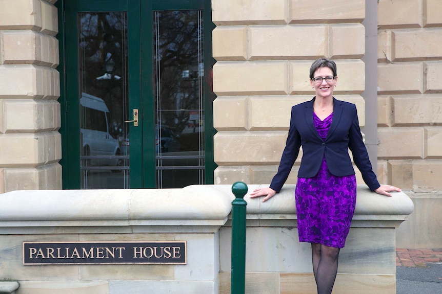Tasmanian Greens leader Cassy O'Connor outside Parliament House in Hobart.
