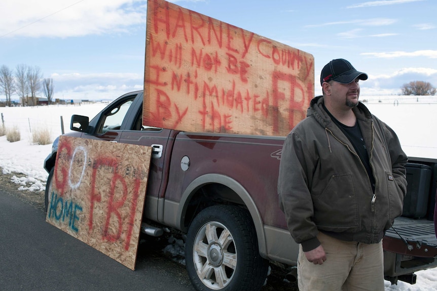 Man protesting the FBI's presence in Harney County