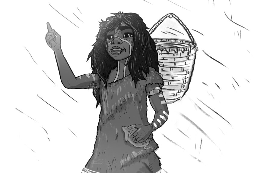 Animation sketch of a young koori girl in traditional fur dress with basket