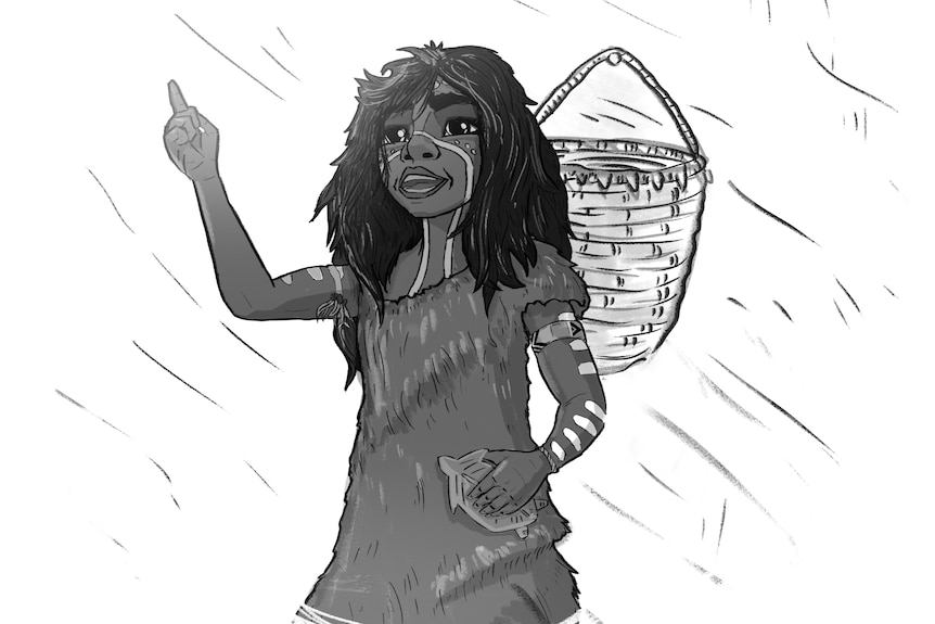 Animation sketch of a young koori girl in traditional fur dress with basket
